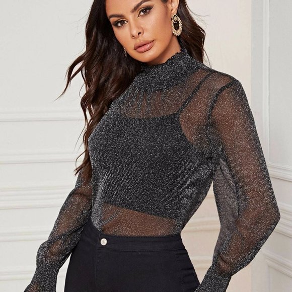 3/$25💦Black Sheer LS Top with ruffled sheer NWOT - Picture 2 of 9